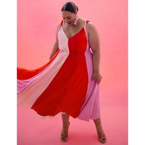 Eloquii | Colorblocked Striped Pink Red Orange Flowy Plus Size Midi Dress 14